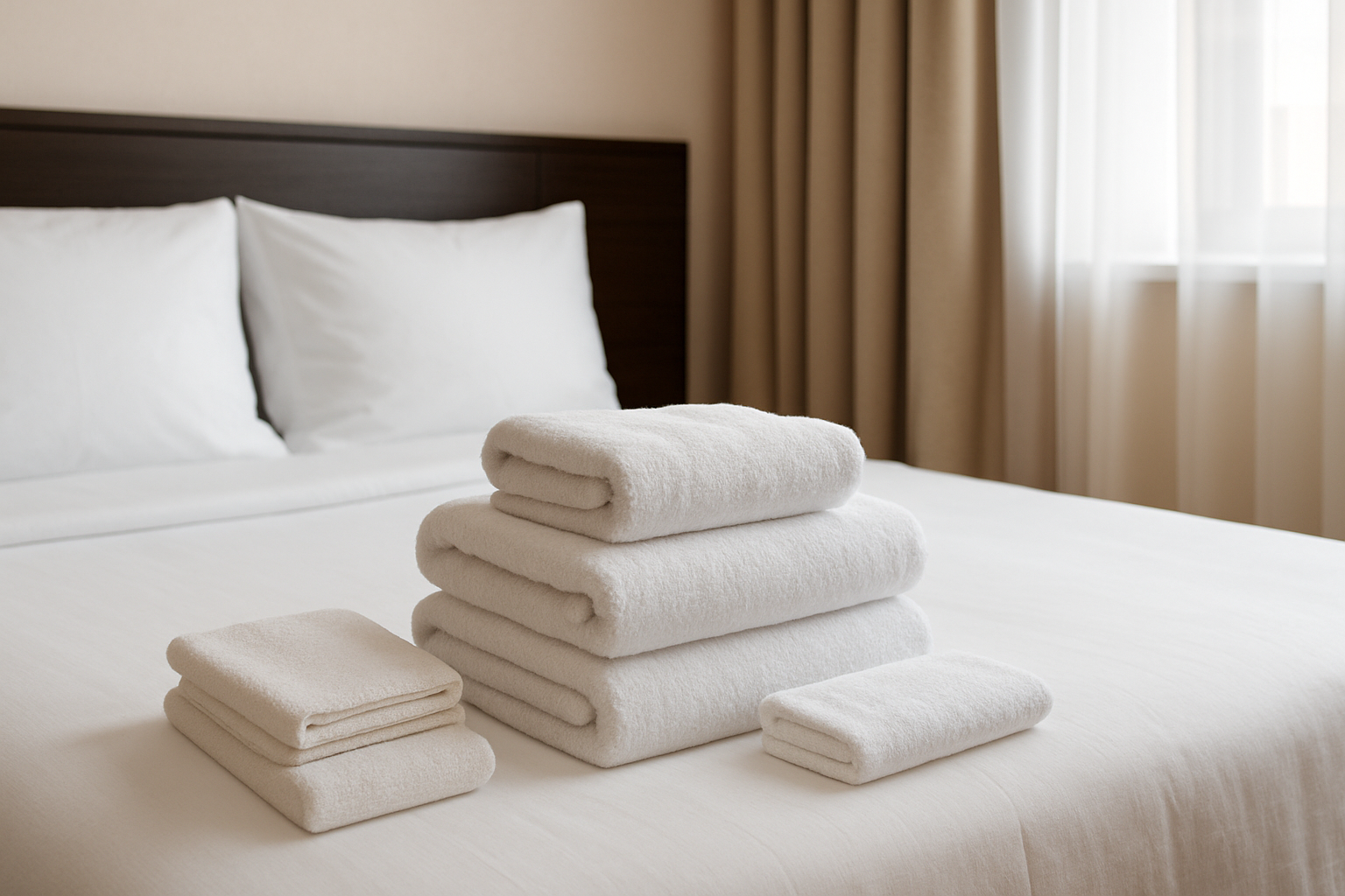 Neatly folded bath towels and linens on a hotel bed, perfect for rentals and hospitality use.