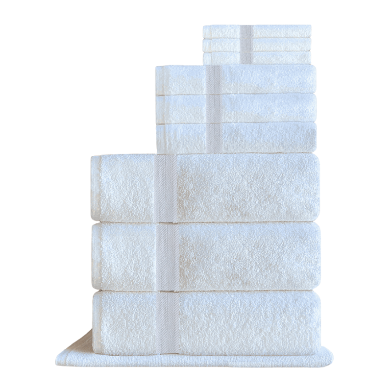 Turkish cotton towel set with washcloth, hand towel, bath mat, and bath towel, crafted for luxury hotels and spas.