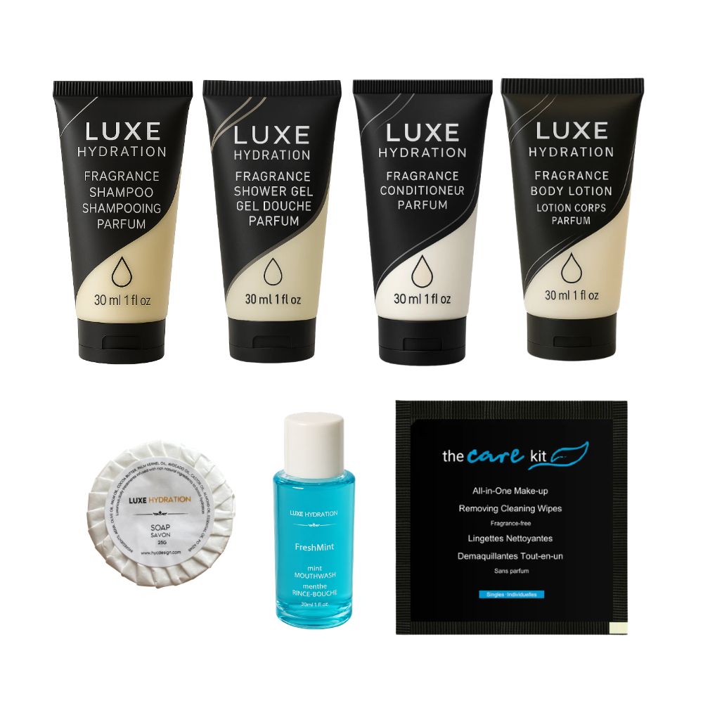 Luxe Hydration Fragrance personal care kit with shampoo, shower gel, conditioner, body lotion, 25 g soap, mouthwash and cleansing wipe.