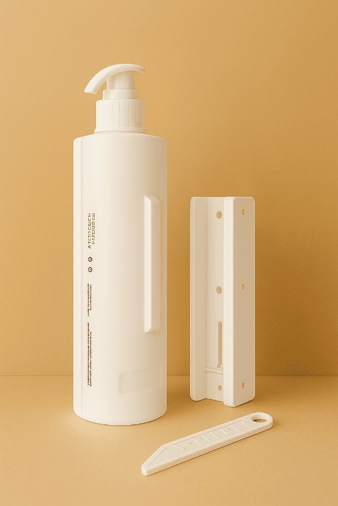 Amenity bottle holder and key set in white, fits 360 ml bottles, ideal for hotel bathrooms and guest amenities