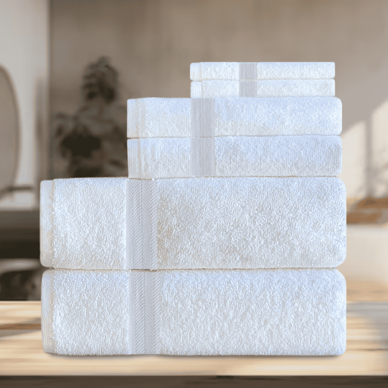 Plush Turkish cotton towels, including washcloth, hand towel, bath towel, and bath mat, made for high-end hospitality use