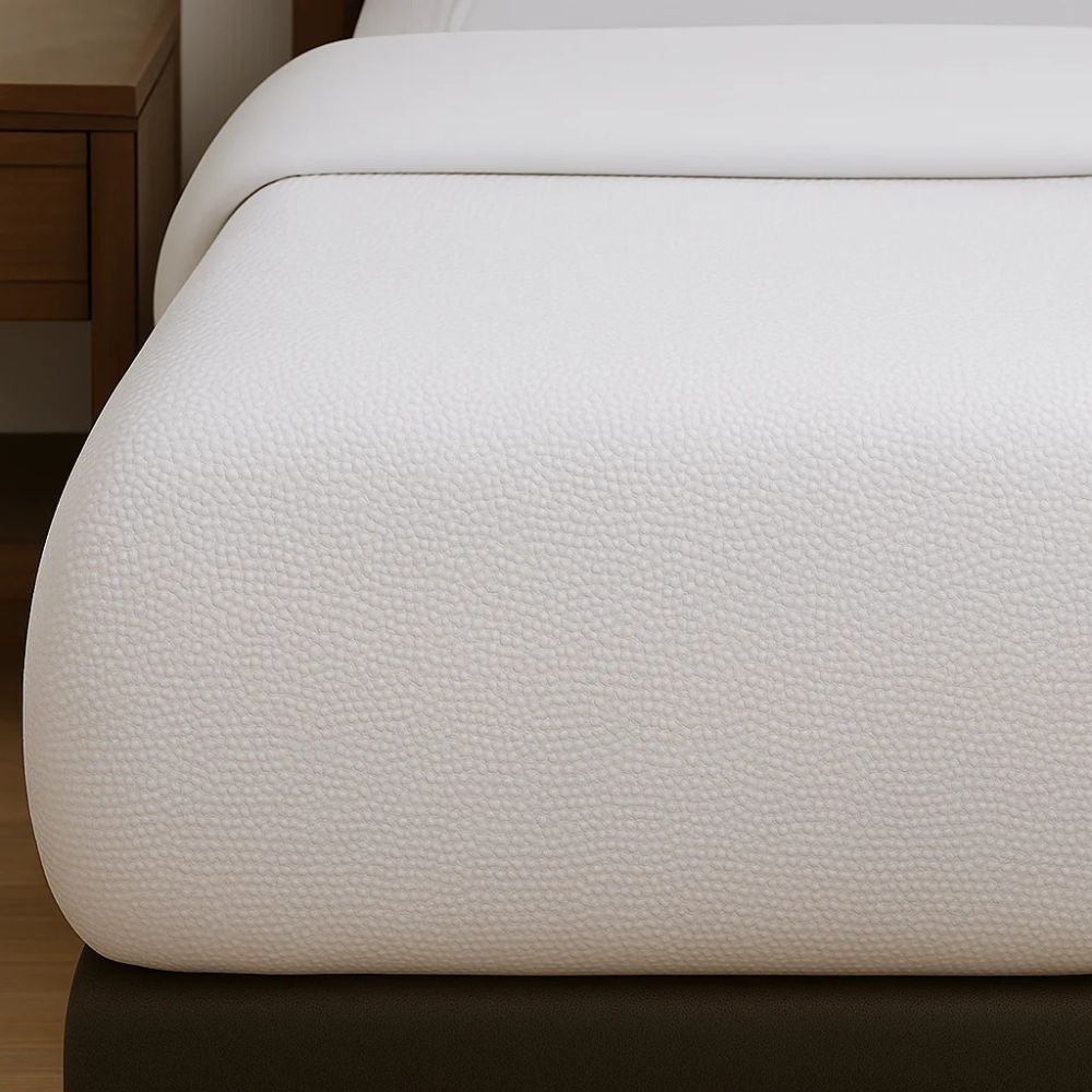 Close-up of a white textured duvet cover showing its soft, subtle woven surface and clean finished appearance.