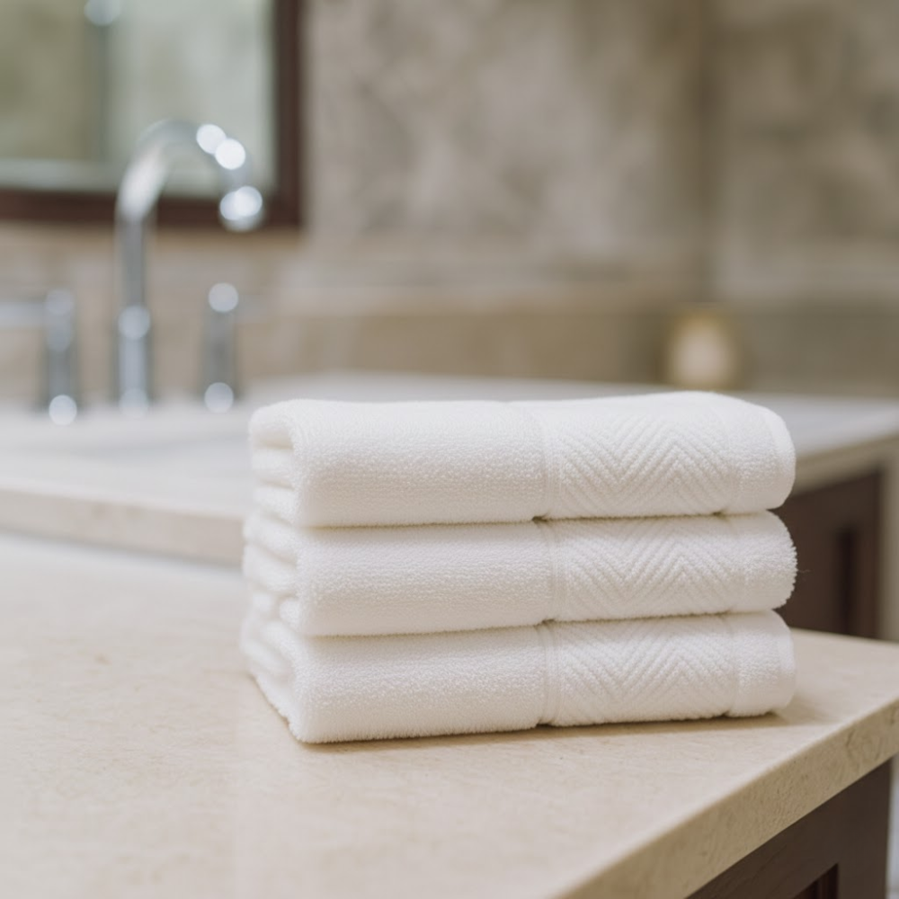 Cotton hand towel styled in a refined bathroom setting, offering comfort, elegance, and practical daily use