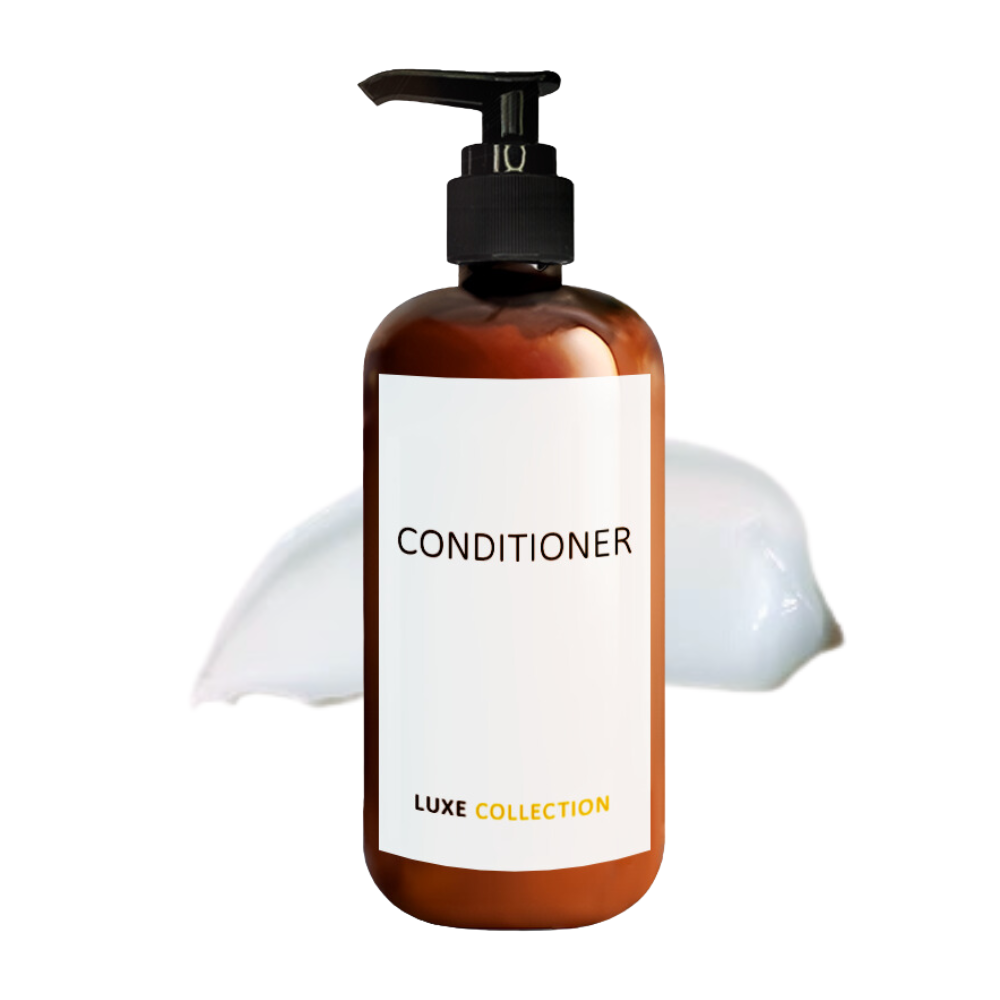 Luxe Collection Amber conditioner bottle with black pump. Ideal for premium guest bathrooms, boutique hotels and upscale resorts.