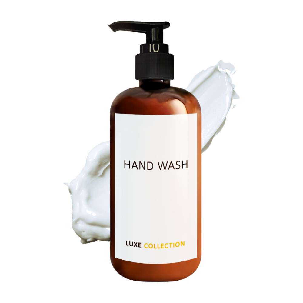 Luxe collection Amber hand wash bottle with black pump. Liquid soap 300 ml, ideal for hotel bathrooms, resorts and hospitality use.