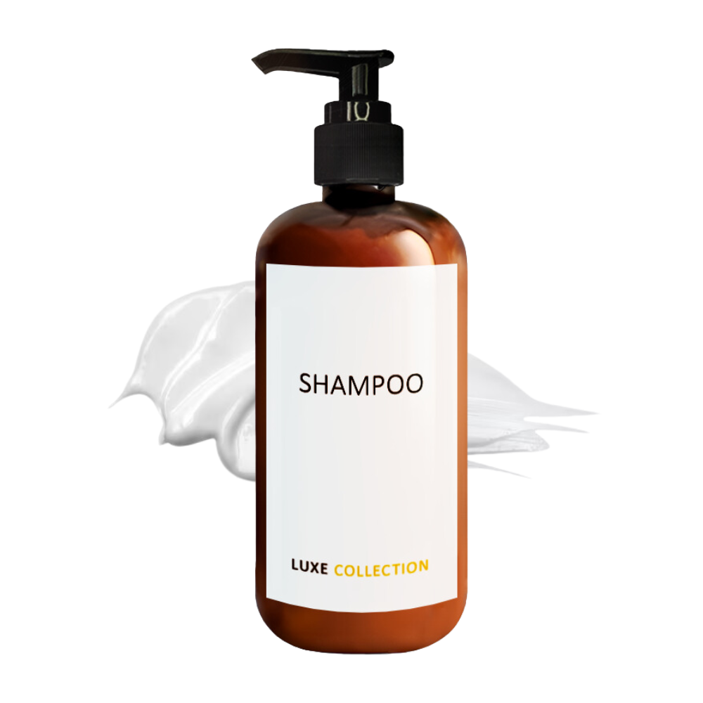 Luxe Collection Amber shampoo bottle whit black pump. 300 ml size perfect for hotels, resort, Airbnb and hospitality use.