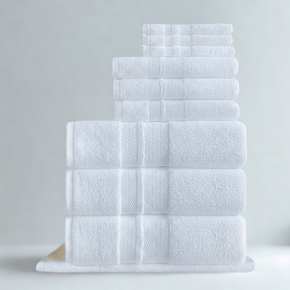 Cotton towels styled in a calm, spa-inspired bathroom setting to create a refined, inviting atmosphere