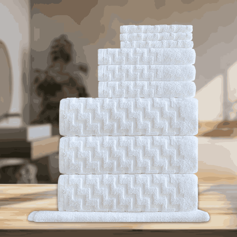 Versatile wholesale towels featuring a classic design, tailored to meet the needs of hotels, vacation rentals, and Airbnbs with style and comfort White folded BWS SERIES Towel Set - Premium 10 pc Set.