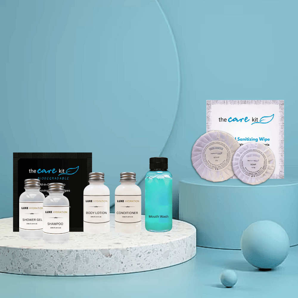 trave products, hotel products, mini amenities, personal care kit, travel essentials, hotel essentials, mini soaps and shampoos, mini toiletry