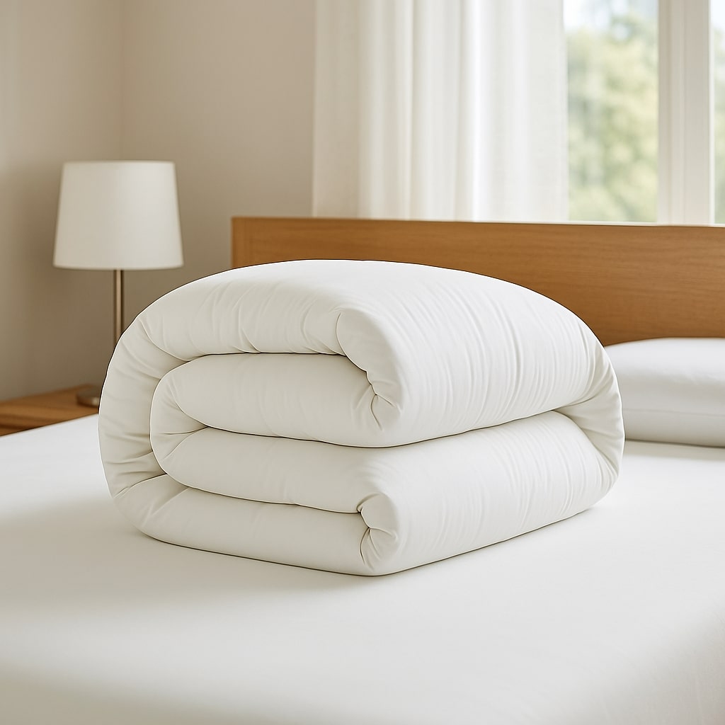 Hotel-grade 250TC cotton duvet with plush hypoallergenic fill, delivering refined softness and year-round guest comfort