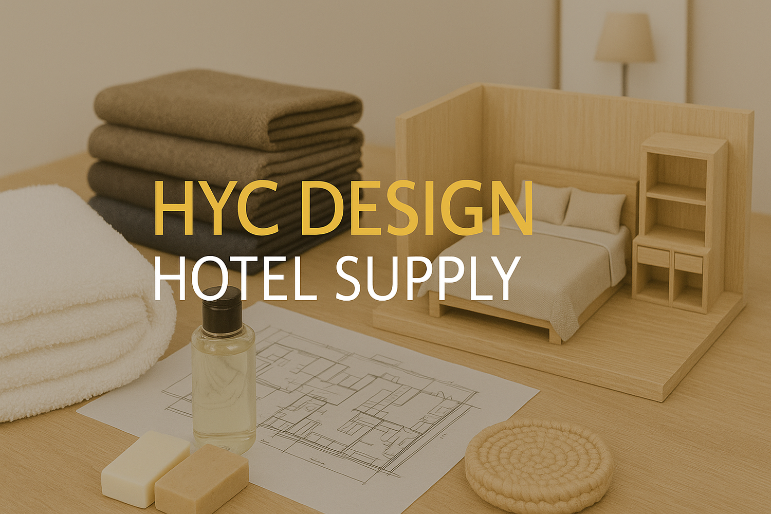 Model hotel room setup with furniture and towels, featuring 'HYC Design Hotel Supply' branding.