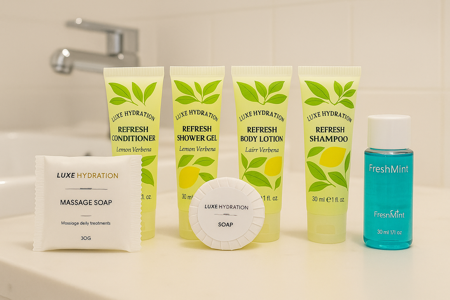 800-piece lemon verbena amenity set with 100 of each item, ideal for luxury hotels, boutique rentals, and executive stays