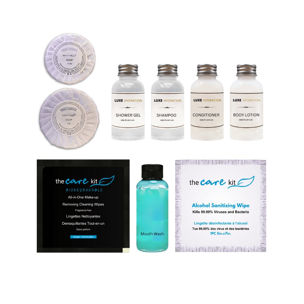 trave products, hotel products, mini amenities, personal care kit, travel essentials, hotel essentials, mini soaps and shampoos, mini toiletry
