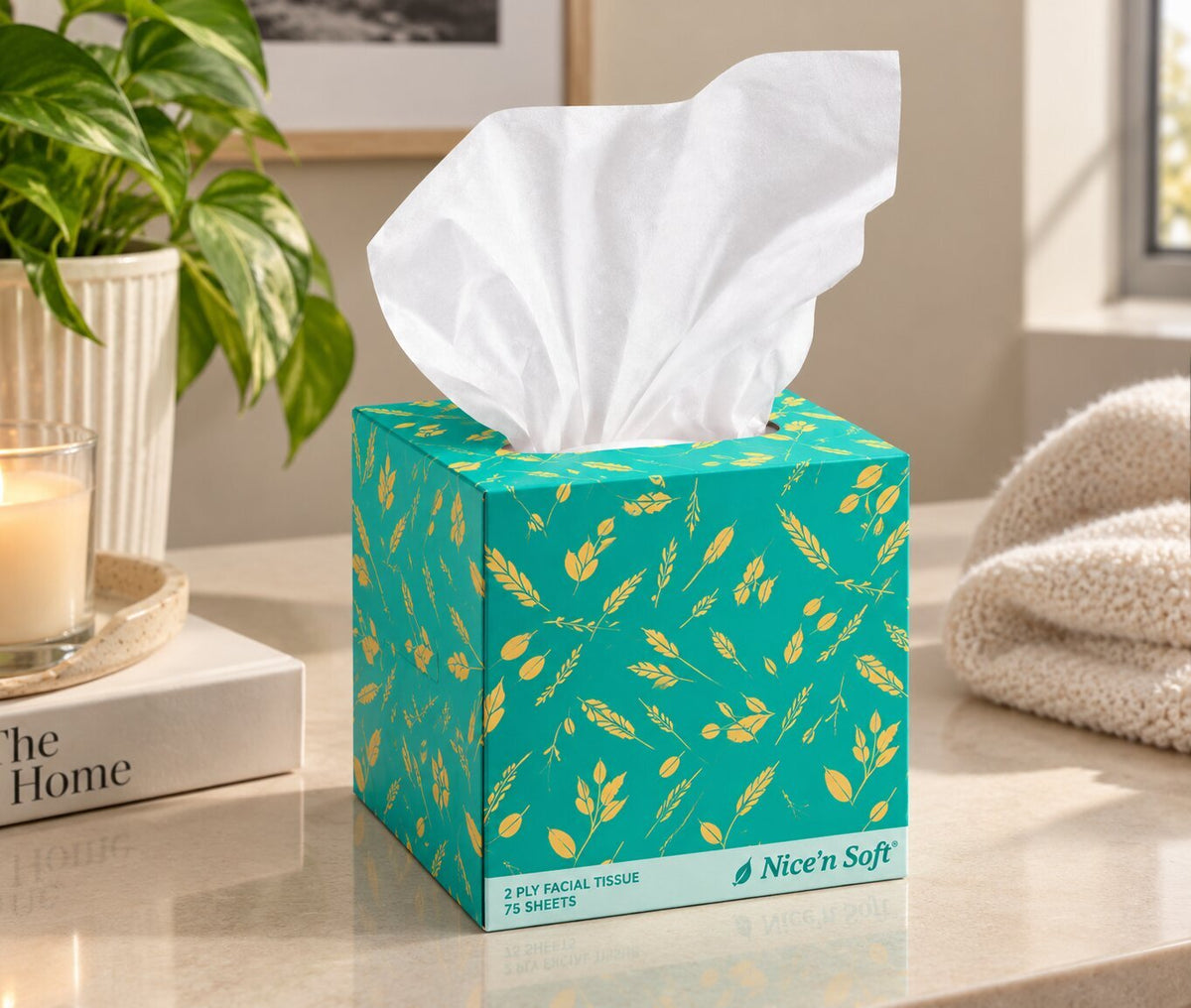 A teal "Nice 'n Soft" facial tissue box with a yellow leaf pattern, with soft white tissues emerging from the top.