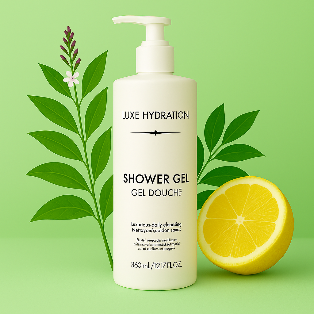 360ml luxe hydration guest-use lemon verbena shower gel. Perfect for hotel amenities, spa packages, and Airbnb bathroom care kits.