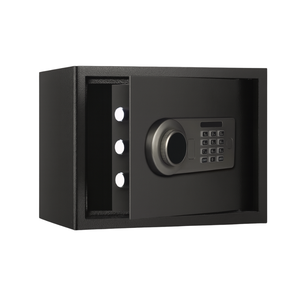 Grey safe box with digital keypad designed for reliable storage.