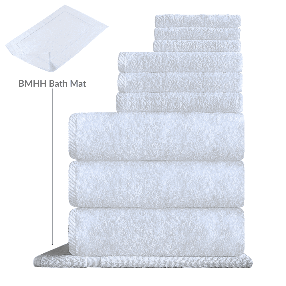 Wholesale white towels with border design for resorts 10 Pc towel set