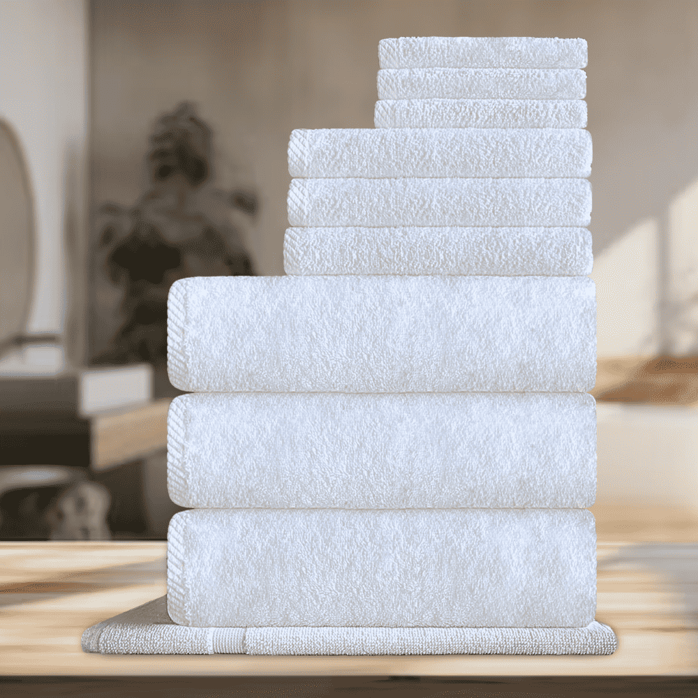 Cotton towels white with border design for wholesale 10 Pc Towel set
