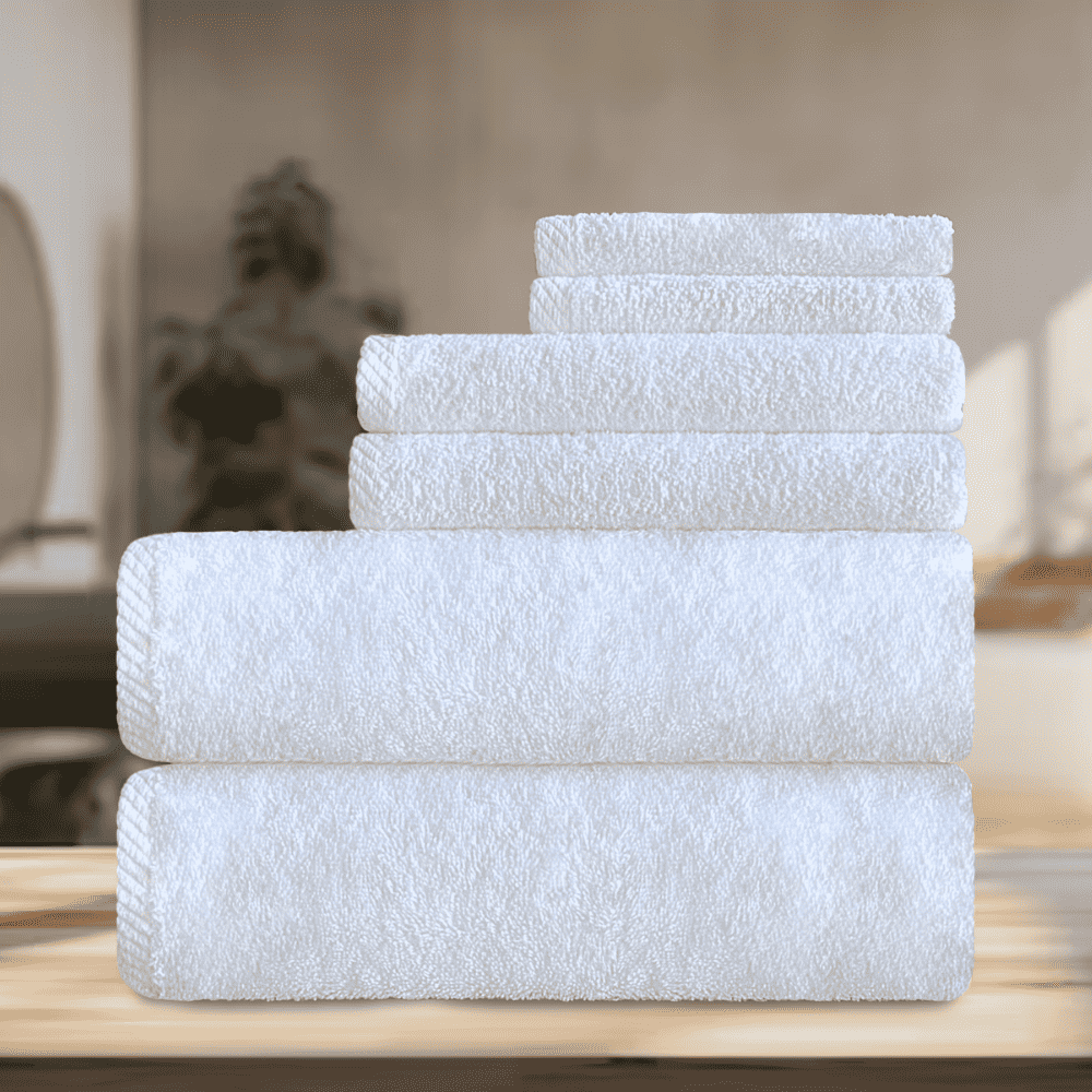 Bulk white cotton towels with border design for resorts 6 pc towel set