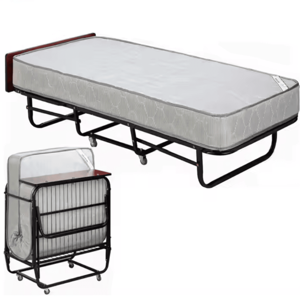 Heavy Duty Mobile Rollaway Folding Bed with spring mattress perfect for hotels and Airbnb.