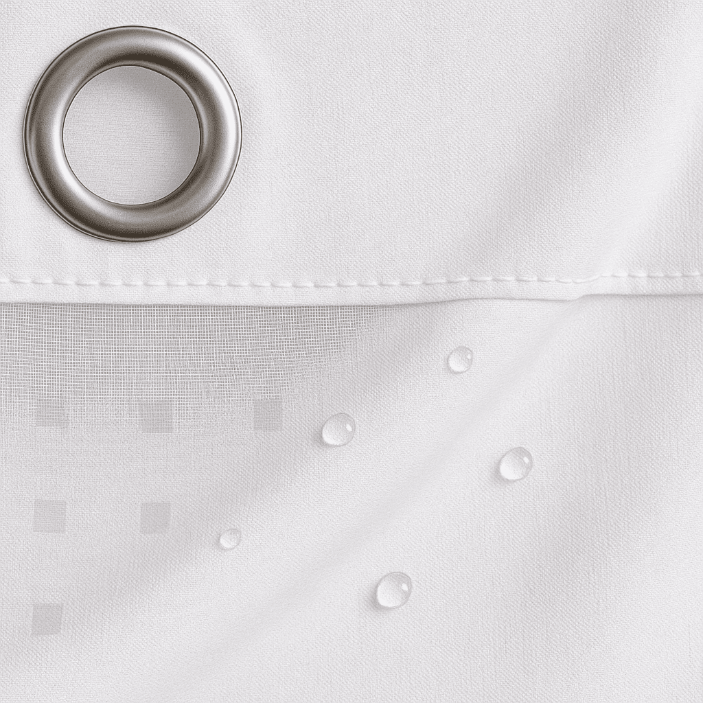 Premium hookless shower curtain with window, 72x86 white lattice fabric, weighted hem and washable design for hospitality bathrooms.