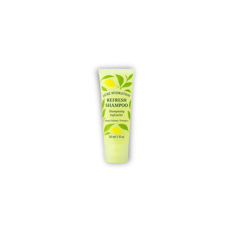 Lemon verbena shampoo in 30ml tube with notes of basil and green tea, perfect for hotel bathrooms and upscale guest care