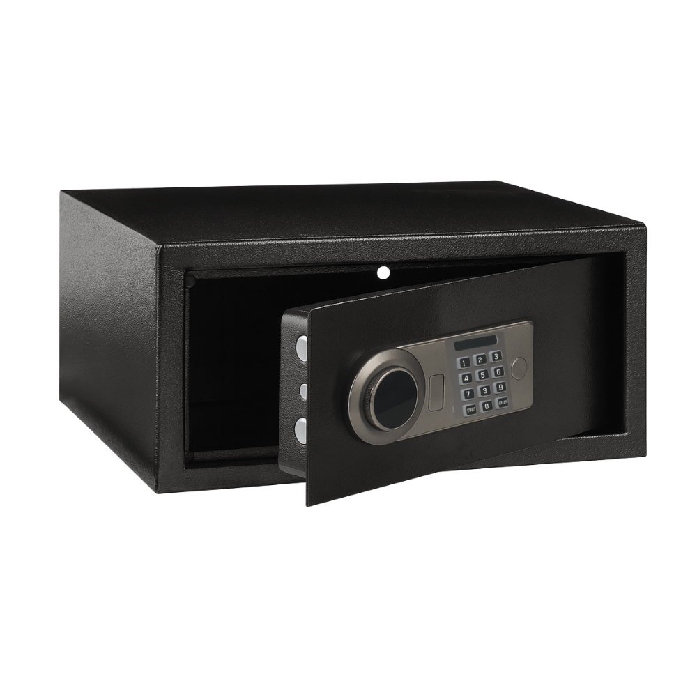 Black safe box with digital keypad access for secure storage. Perfect for hospitality use.