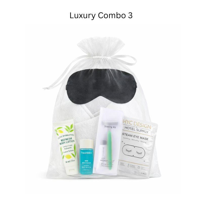Luxury combo 3 with eye mask, body lotion, and other items in a drawstring bag on a white background.