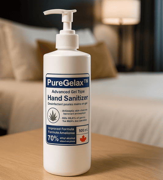 PureGelax hand sanitizer on hotel nightstand, 500 mL gel with pump for guest use in hospitality settings.