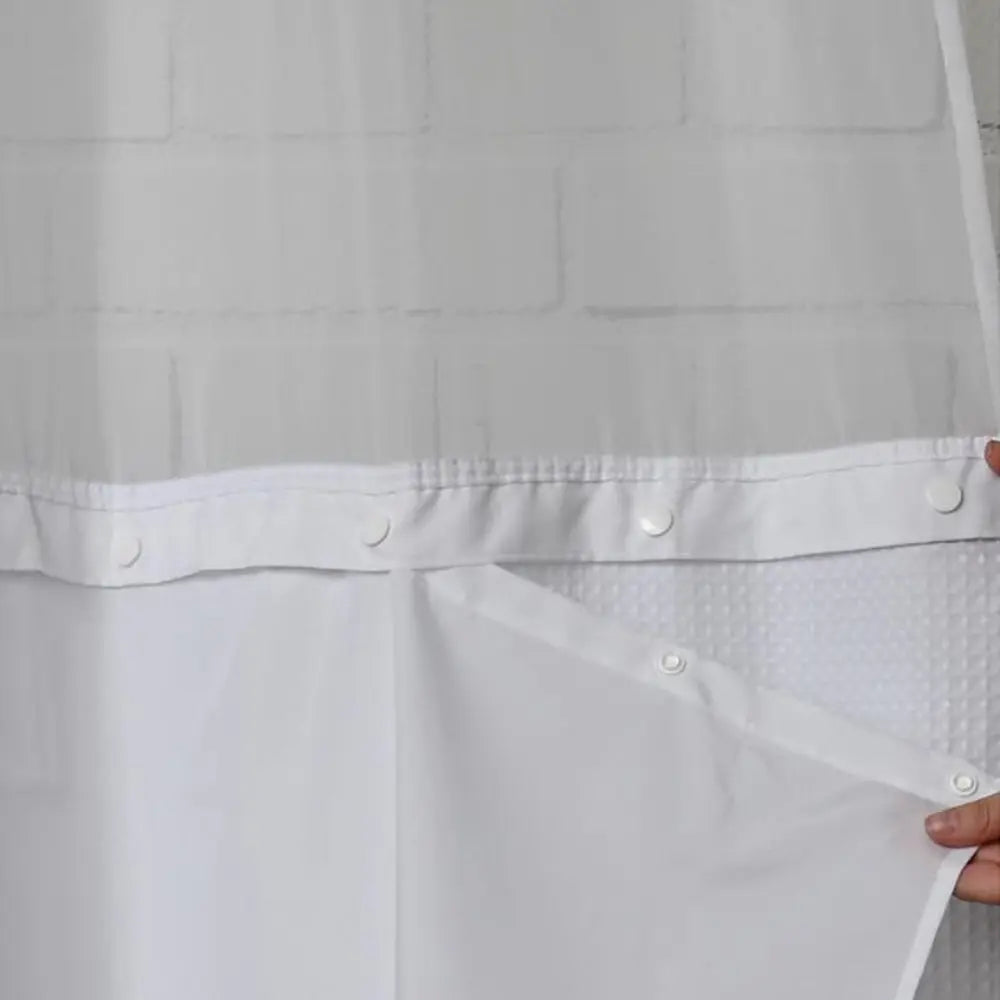 Snap-on shower curtain for easy installation and removal in hotels and home bathrooms