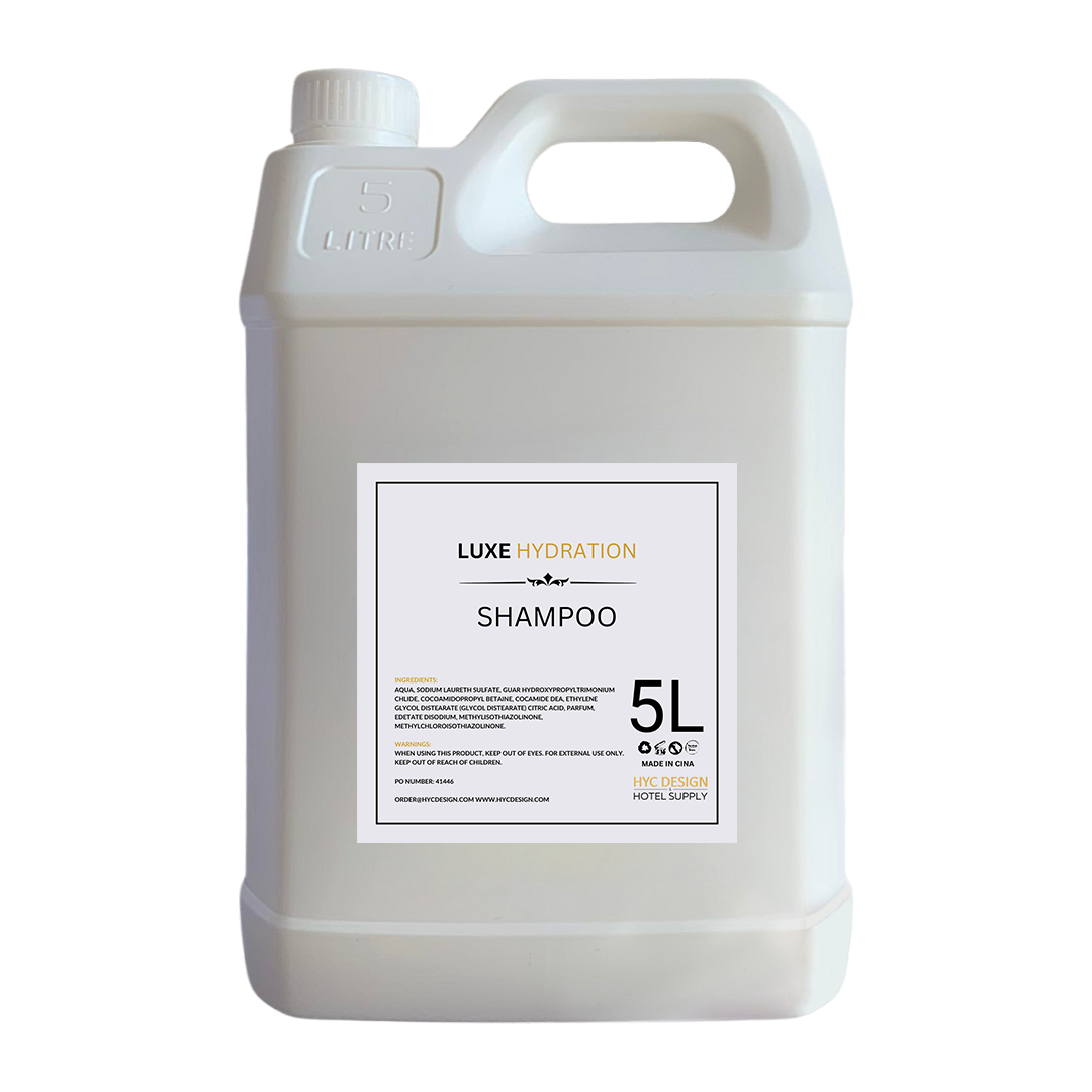Bulk 5L shampoo refill in original scent, ideal for hotel dispensers, guest bathrooms, and eco-conscious hospitality use