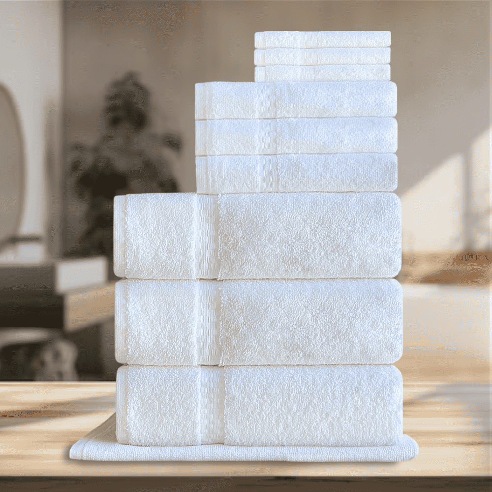 Wholesale elegant hotel towels, designed for both utility and style, meeting the needs of washrooms in rental and hospitality spaces. 3 pcs of each towel on a table view