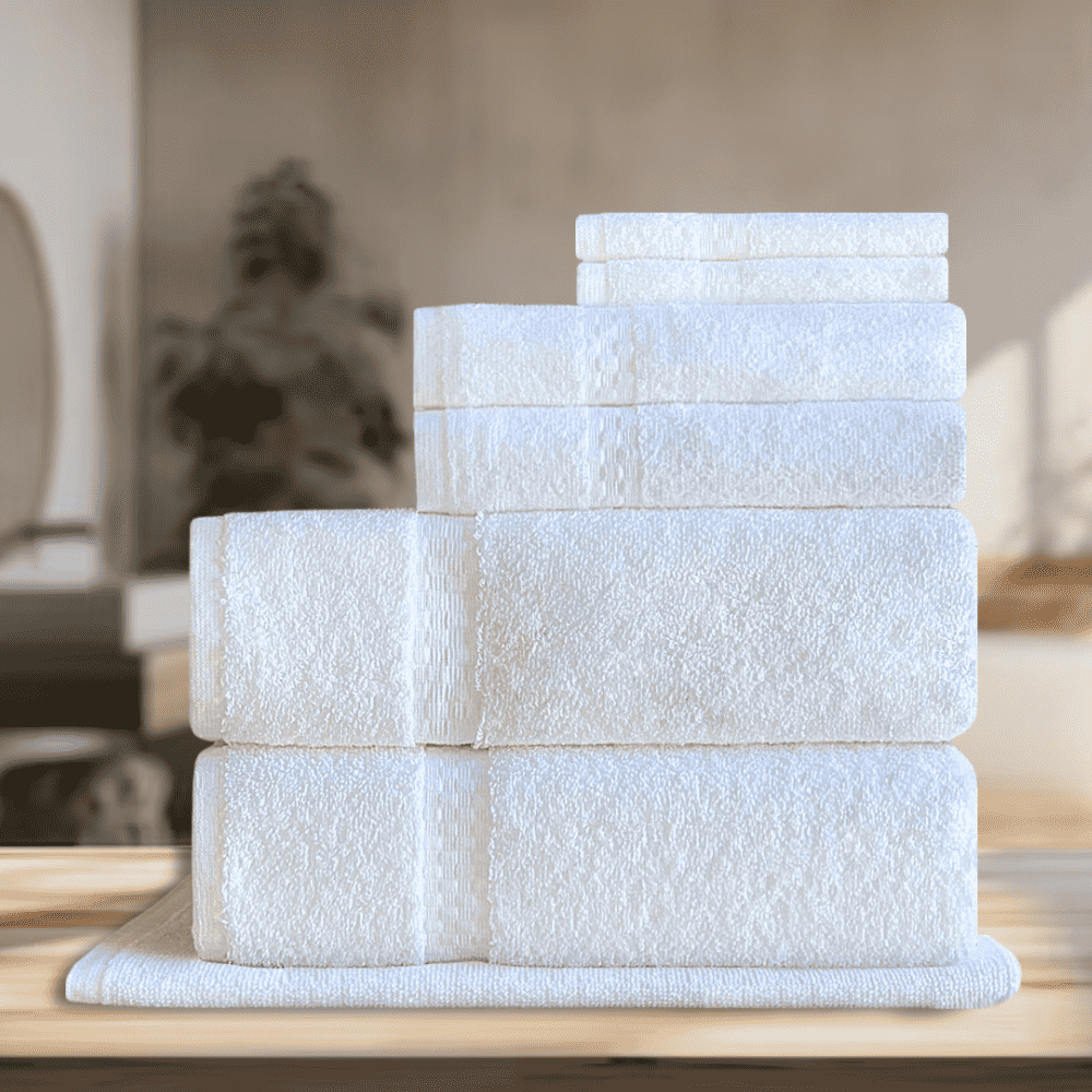 High-quality wholesale hotel towels available in bulk quantities, ideal for professional use in Airbnb properties, ensuring durability and comfort. All towels on a table view