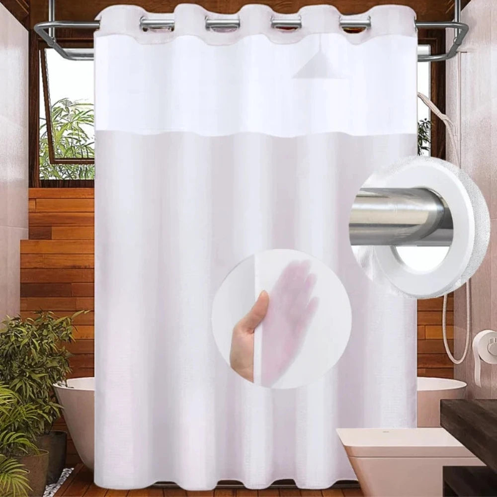 hook less shower curtain for easy installation in hotels and home bathrooms