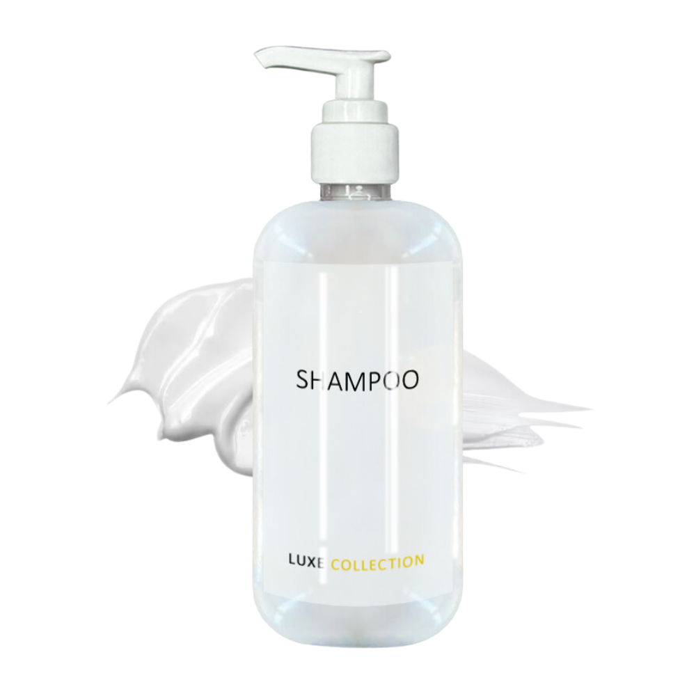 Luxe Collection white shampoo whit white pump. 300 ml formula ideal for hospitality use, hotel and resort.