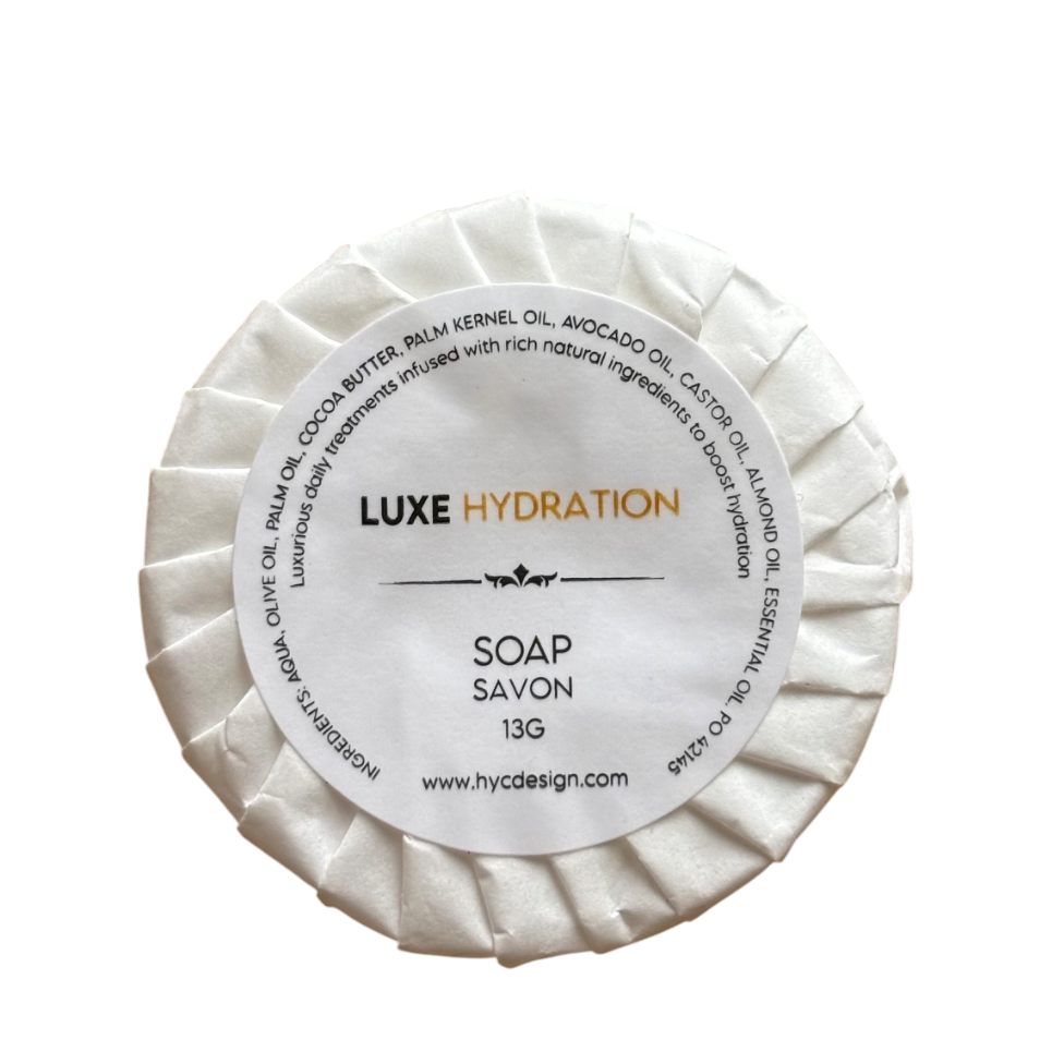 Luxe Hydration Soap 13g wrapped, ideal for hotels, spas, or Airbnb guest bathroom essentials.