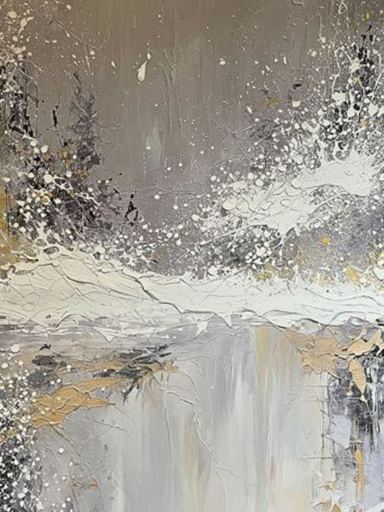 Textured abstract winter wall art with gray, white, and gold tones, ideal for luxury hotels or resort decoration.