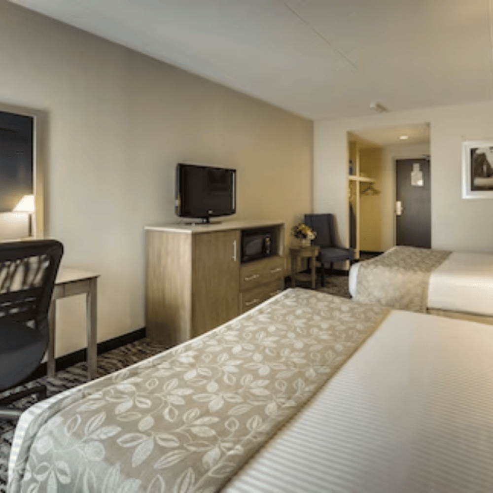 A hotel room with two beds that have white sheets. Towards the end of the beds there are beige bed scarf/ bed runner with off white designs facing a dresser with a TV.