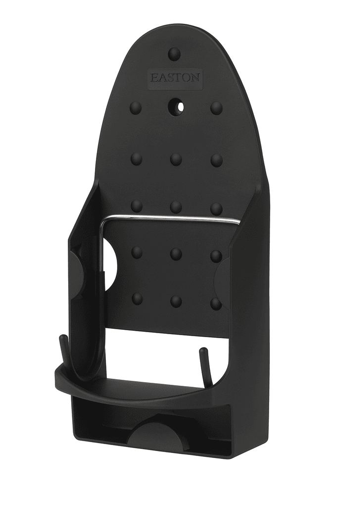 Black wall-mounted iron holder with metal bar and hooks, ideal for hotel guest rooms and laundry areas.