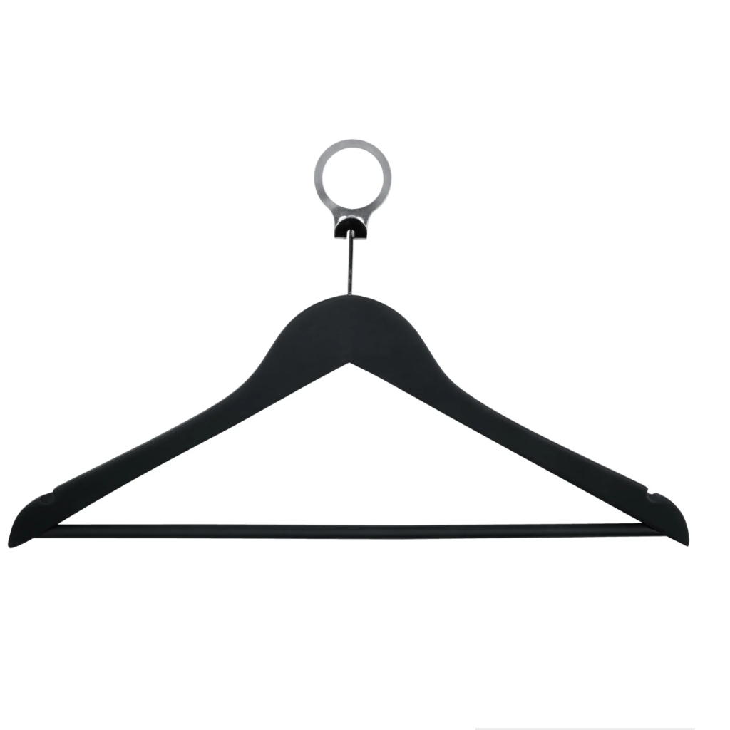 black wooden hanger with a circular metal hook for hospitality use, durable for hanging suits, shirts or uniform.