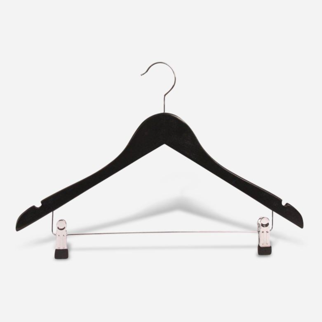 black wooden hanger with chrome swivel hook and adjustable metal clips