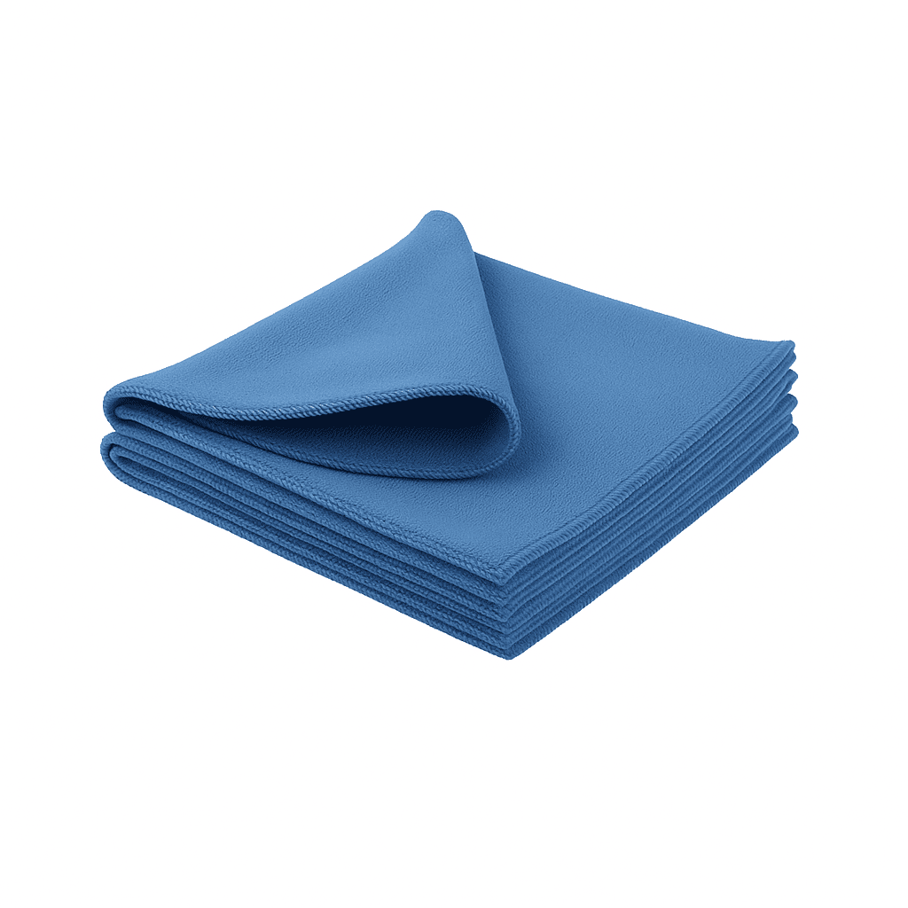 Blue microfiber cleaning cloth, towel for hotels, motels, and Airbnb, streak-free cleaning.