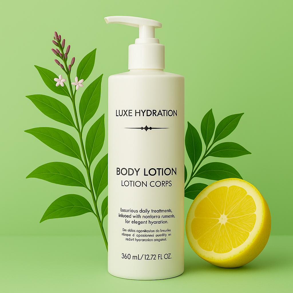 Luxe Hydration lemon verbena body lotion 360ml. Perfect for hotel amenities, short-term rentals, and guest care in bulk.