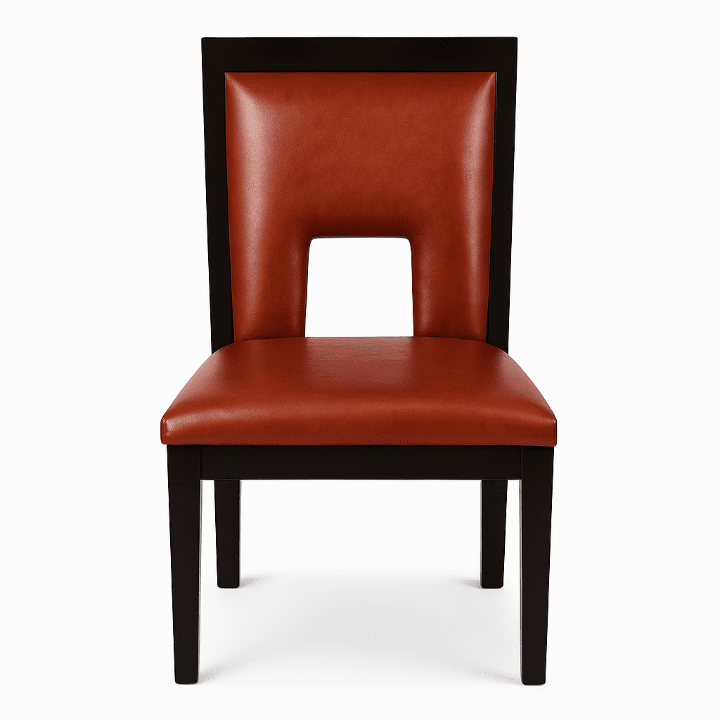 Brown leather dining chair with black wood frame, ideal for hotel restaurants, dining areas, and hospitality venues.