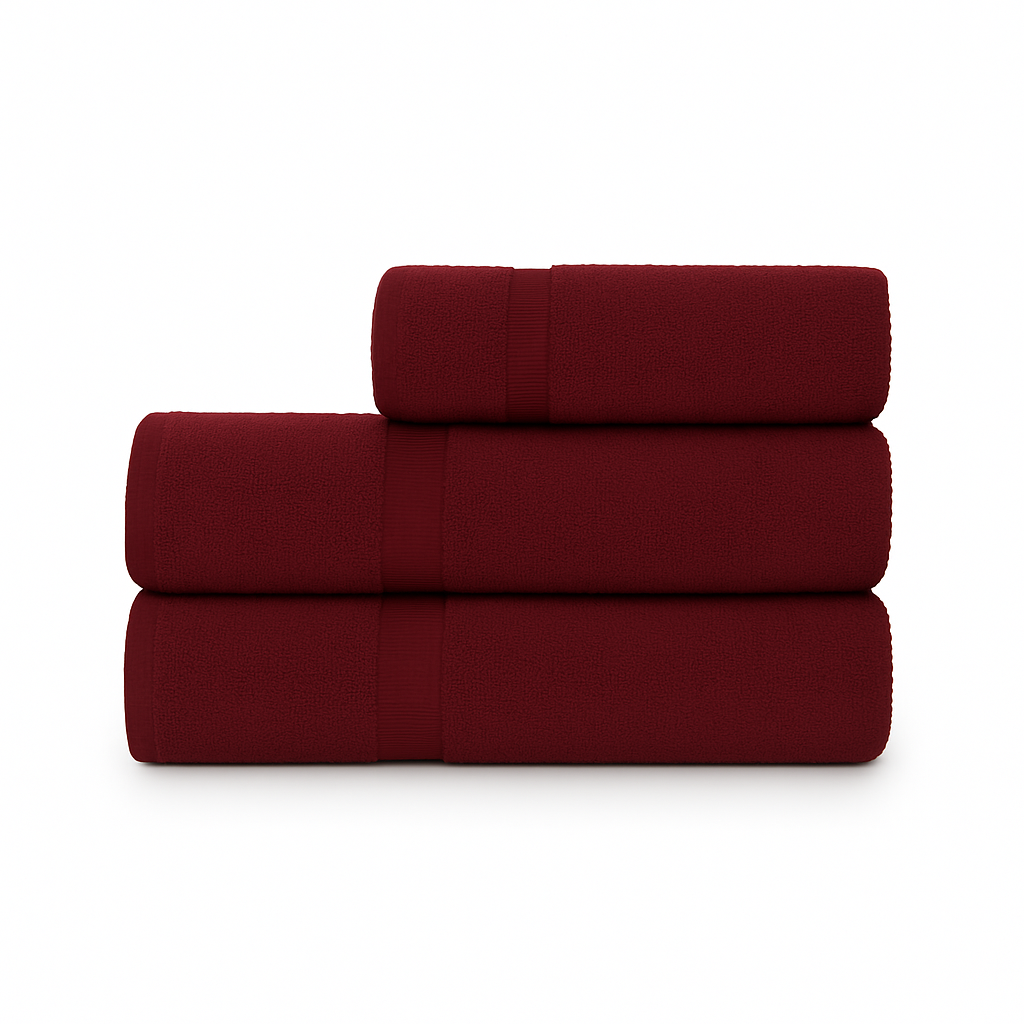Affordable essential 3-piece burgundy towel set made from 100% combed cotton, soft and durable, perfect for hotels, spas, Airbnbs, or everyday home use