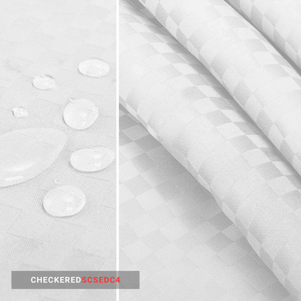 Hookless chrome shower curtain with window and snap-on liner, 71x77 white waffle fabric, hotel-grade design for easy maintenance.