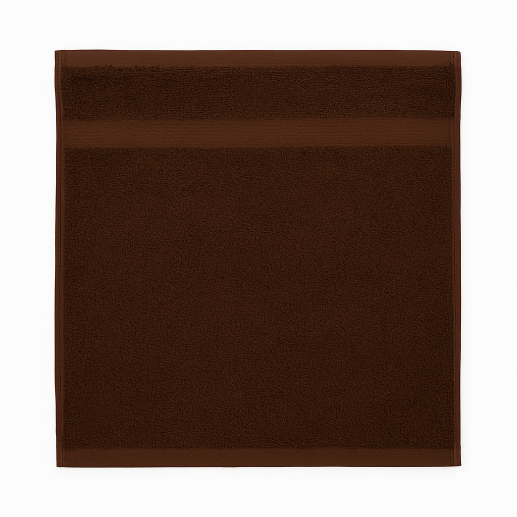 Brown 12x12" spa and hotel washcloth, soft, quick-drying, and durable—perfect for sensitive skin in hospitality settings.
