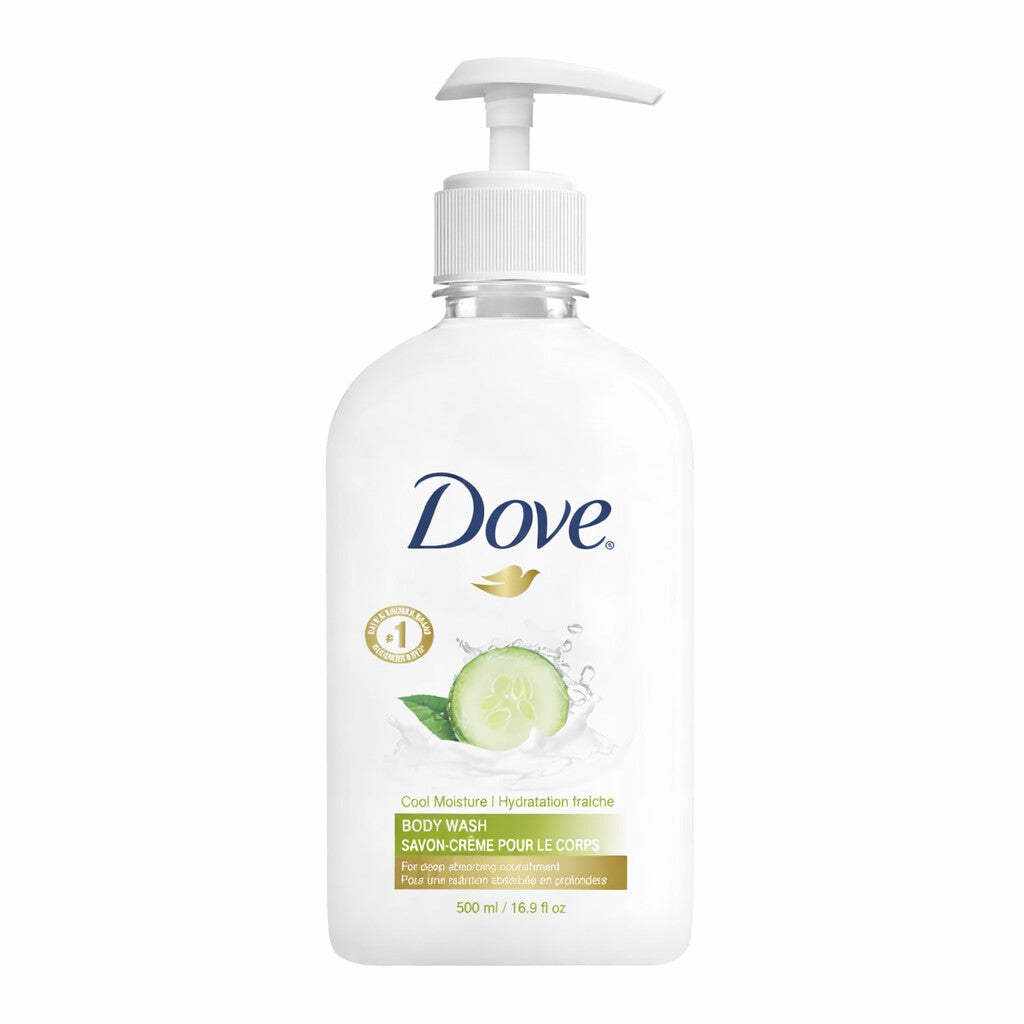 Dove cucumber body wash in 500ml pump bottle, moisturizing and refreshing formula