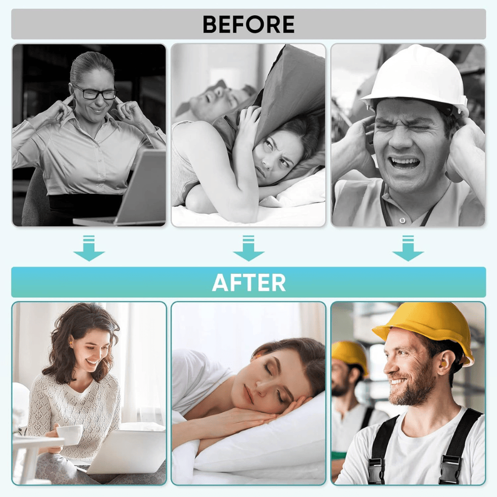Before and after using foam ear plugs: improved sleep, productivity and noise protection at work.