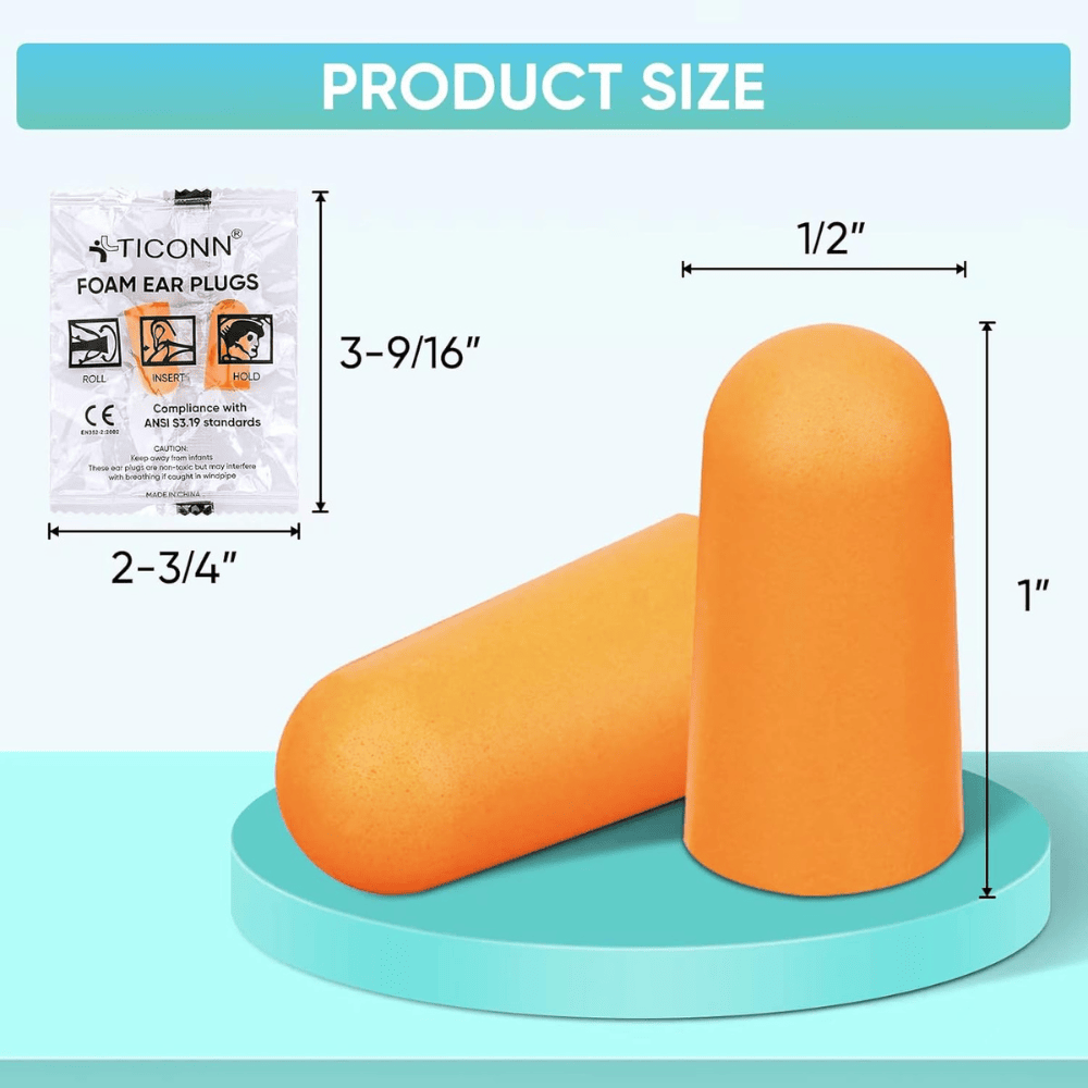 Hotel-grade foam ear plugs with dimensions, individually wrapped for guest use and noise reduction.